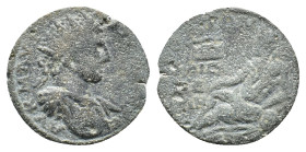 Elagabalus (218-222). Phrygia, Cibyra. Æ (21mm, 2.90g). Radiate, draped and cuirassed bust r. R/ River-god Indus reclining l., holding reed, leaning o...