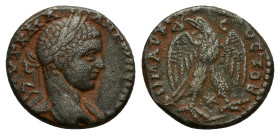 Elagabalus (218-222). Seleucis and Pieria, Antioch. Tetradrachm (23.5mm, 12.27g). Laureate bust r. with drapery on far shoulder. R/ Eagle standing fac...
