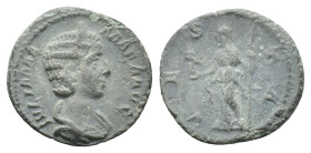 Julia Mamaea (Augusta, 222-235). AR Denarius (18mm, 2.49g). Rome, AD 226. Diademed and draped bust r. R/ Vesta standing l., holding holding patera and...