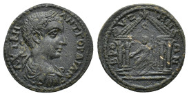 Gordian III (238-244). Phrygia, Bruzus. Æ (26mm, 8.75g). Laureate, draped and cuirassed bust r. R/ Tetrastyle temple without architrave, enclosing Zeu...