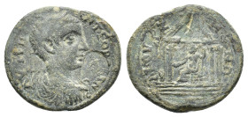Gordian III (238-244). Phrygia, Bruzus. Æ (27mm, 11.69g). Laureate, draped and cuirassed bust r.; c/m: Zeus seated l. R/ Tetrastyle temple enclosing Z...