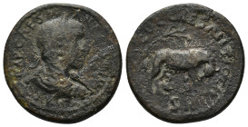 Gordian III (238-244). Pisidia, Antioch. Æ (24.31g). Laureate, draped and cuirassed bust r. R/ She-wolf standing r. under tree, suckling the twins Rom...