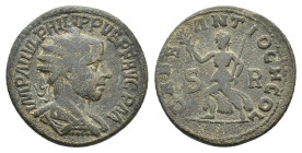 Philip II (247-249). Pisidia, Antioch. Æ (25mm, 12.02g). Radiate, draped and cuirassed bust r., seen from behind. R/ Pax walking l., holding branch an...