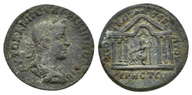Philip II (247-249). Cyrrhestica, Cyrrhus. Æ (28mm, 17.05g). Laureate, draped and cuirassed bust r. R/ Zeus seated l. within hexastyle temple; above, ...