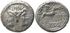 Anonymous, Rome, c. 225-212 BC. AR Quadrigatus (19mm, 5.14g, 12h). Laureate head of Janus. R/ Jupiter, holding sceptre and thunderbolt, in quadriga dr...