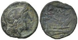 Corn-ear series, Sicily, c. 215-212 BC. Æ Uncia (19,5mm, 3,50g ). Helmeted head of Roma r. R/ Prow r.; corn ear above. Crawford 42/4. Good Fine