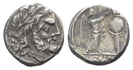 Anonymous, Rome, after 211 BC. AR Victoriatus (13mm, 2.72g, 10h). Laureate head of Jupiter r. R/ Victory standing r., crowning trophy. Crawford 53/1; ...