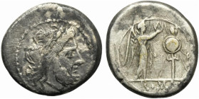 Anonymous, Rome, after 211 BC. AR Victoriatus (18mm, 3.04g, 11h). Laureate head of Jupiter r. R/ Victory standing r., crowning trophy. Crawford 53/1; ...
