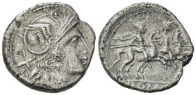 Anonymous AR Denarius. (18,5mm, 3,83). Rome, after 211 BC. Head of Roma to right; X (mark of value) behind. R/ The Dioscuri on horseback riding to rig...