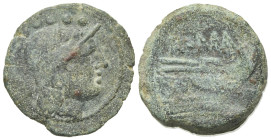 Anonymous, Sardinia, after 211 BC. Æ Triens (22mm, 6.16g, 11h). Helmeted head of Minerva r. R/ Prow of galley r. Crawford 56/4; RBW 207-8. Green patin...