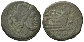 Unofficial series. After 208 BC. Æ Semis. Uncertain mint. (19,5mm, 2,78). Laureate head of Saturn to right; S (mark of value) behind R/ Prow of galley...