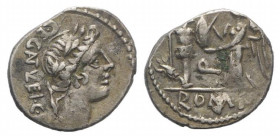 C. Egnatuleius C.f. 97 BC. AR Quinarius (16mm, 1.62 g, 10h). Rome mint. Laureate head of Apollo right / Victory standing left, erecting trophy. Crawfo...