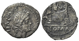 C. Egnatuleius C. f. 97 BC. AR Quinarius. (16mm, 1,33g). Rome. Laureate head of Apollo to right; C•EGNATVLEI•C•F• (partially ligate) downwards, Q (mar...