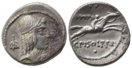 L. Calpurnius Piso Frugi, Rome, 90 BC. AR Denarius (16.5mm, 3.55g). Laureate head of Apollo r.; symbol behind. R/ Horseman galloping r., holding palm ...