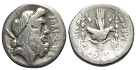 Cn. Nerius, Rome, Spring 49 BC. AR Denarius (18mm, 3.56g, 3h). Head of Saturn r., harpa over shoulder. R/ Aquila between two signa inscribed H (hastat...