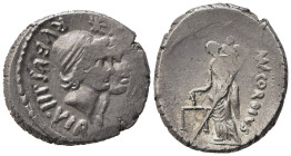 Roman Imperatorial, Mn. Cordius Rufus, Rome, 46 BC. AR Denarius (18mm, 3.50g, 9h). Conjoined heads of the Dioscuri r., wearing laureate pilei surmount...