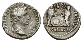 Augustus (27 BC-AD 14). AR Denarius (17mm, 3.70g). Lugdunum, 2 BC-AD 4. Laureate head r. R/ Caius and Lucius Caesars standing facing, holding shields ...