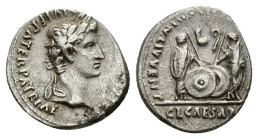 Augustus (27 BC-AD 14). AR Denarius (17mm, 3.80g). Lugdunum, 2 BC-AD 4. Laureate head r. R/ Caius and Lucius Caesars standing facing, holding shields ...