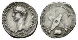 Nero Claudius Drusus (died 9 BC). AR Denarius (18mm, 3.44g). Lugdunum, 41-2. Laureate head l. R/ Two shields, two pairs of spears, and two trumpets cr...