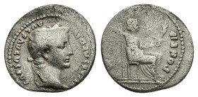 Tiberius (14-37). AR Denarius (18mm, 3.52g). “Tribute Penny” type. Lugdunum (Lyon), AD 15-18. Laureate head r. R/ Livia (as Pax) seated r. on chair, h...