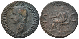 Caligula (37-41). Æ As (28mm, 9,35). Rome. C CAESAR DIVI AVG PRONAV GRMTRPIIIPP R/VESTA / S – C. Bare head left. Vesta seated left on throne, holding ...