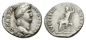 Nero (54-68). AR Denarius (17mm, 3.39g). Rome, c. 67-8. Laureate head r. R/ Jupiter seated l., holding thunderbolt and sceptre. RIC I 69; RSC 123. Nea...