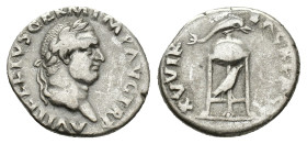 Vitellius (AD 69). AR Denarius (18mm, 3.24g). Rome, c. late April-20 December. Laureate head r. R/ Tripod-lebes surmounted by dolphin r.; below, raven...