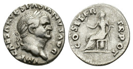 Vespasian (69-79). AR Denarius (17mm, 3.29g). Rome, AD 70. Laureate head r. R/ Pax seated l., holding branch and caduceus. RIC II 29; RSC 94h. Near VF