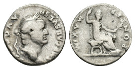 Vespasian (69-79). AR Denarius (17mm, 2.88g). Rome, AD 73. Laureate head r. R/ Vespasian seated r., holding branch and sceptre. RIC II 545; RSC 387a. ...