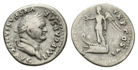 Vespasian (69-79). AR Denarius (18mm, 3.03g). “Judaea Capta” series. Rome, AD 75. Laureate head r. R/ Victory standing l. on prow, holding wreath and ...