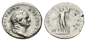Vespasian (69-79). AR Denarius (18mm, 3.31g). Rome, AD 76. Laureate head r. R/ Jupiter standing facing, sacrificing from patera over altar and holding...