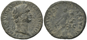 Domitian. AD 81-96. Æ As (29mm, 11g). Rome mint. Struck AD 87. Laureate head right / Fortuna standing left, holding rudder and cornucopia. RIC II.1 54...