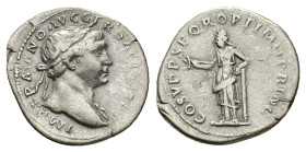 Trajan (98-117). AR Denarius (19mm, 3.09g). Rome, c. 108-110. Laureate bust r., with drapery. R/ Felicitas standing facing, head l., holding caduceus ...