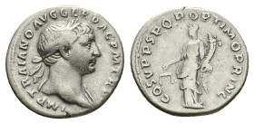 Trajan (98-117). AR Denarius (18mm, 3.22g). Rome, 108-9. Laureate bust r., drapery on l. shoulder. R/ Aequitas standing l., holding scales and cornuco...