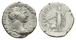 Trajan (98-117). AR Denarius (17mm, 3.08g). Rome, AD 110. Laureate bust r., slight drapery. R/ Arabia standing l., holding branch and bundle of canes;...