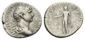 Trajan (98-117). AR Denarius (18mm, 3.11g). Rome, 113-4. Laureate and draped bust r. R/ Genius standing facing, head l., holding patera and grain ears...