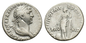 Trajan (98-117). AR Denarius (17mm, 3.14g). Rome, 116-7. Laureate and draped bust r. R/ Providentia standing facing, head l., holding outstretched han...