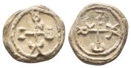 Byzantine Pb Seal, c. 7th-12th century (20mm, 11.86g). Cruciform monogram. R/ Cruciform monogram. VF