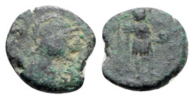 Vanldals, imiting Zeno (474-475). Æ (10mm, 0.92g, 12h). Uncertain mint. Helmeted and draped bust r. R/ Emperor standing r., holding long cross(?) and ...