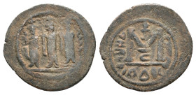 Islamic, Umayyad Caliphate (Arab-Byzantine coinage), c. 680s-700/10. Æ Fals (24mm, 4.66g). Tabariya (Tiberias) mint. Three standing imperial figures, ...