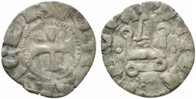Principality of Achaea. Gui II de La Roche (1287-1308). BI Denier (17mm, 0.72g, 3h). Thebes. Cross pattée. R/ Château tournois. Metcalf, Crusades 1059...