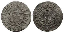 Cilician Armenia, Levon I (1198-1219). AR Tram (21mm, 2.75g). Levon seated facing on lion throne, footstool below. R/ Two lions rampant back-to-back, ...