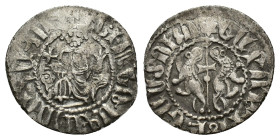Cilician Armenia, Levon I (1198-1219). AR Tram (20mm, 2.86g). Levon seated facing on lion throne, footstool below. R/ Two lions rampant back-to-back, ...