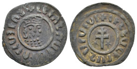 Cilician Armenia, Levon I (1198-1219). Æ Tank (28mm, 6.51g). Crowned leonine head facing slightly r. R/ Patriarchal cross; five-pointed star to l. and...