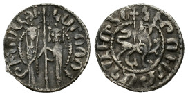 Cilician Armenia, Hetoum I and Zabel (1226-1270). AR Tram (20mm, 2.79g). Zabel and Hetoum standing facing, holding long cross between them. R/ Lion wa...