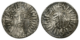 Cilician Armenia, Hetoum I and Zabel (1226-1270). AR Tram (20mm, 2.92g). Zabel and Hetoum standing facing, holding long cross between them. R/ Lion wa...