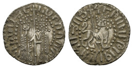 Cilician Armenia, Hetoum I and Zabel (1226-1270). AR Tram (19mm, 3.06). Zabel and Hetoum standing facing, holding long cross between them. R/ Lion wal...