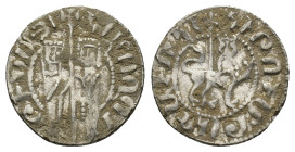 Cilician Armenia, Hetoum I and Zabel (1226-1270). AR Tram (20mm, 3.01g). Zabel and Hetoum standing facing, holding long cross between them. R/ Lion wa...