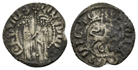 Cilician Armenia, Hetoum I and Zabel (1226-1270). AR Tram (20mm, 2.95g). Zabel and Hetoum standing facing, holding long cross between them. R/ Lion wa...