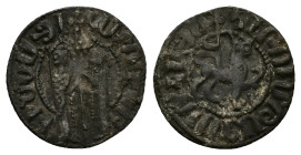 Cilician Armenia, Hetoum I and Zabel (1226-1270). AR Tram (19mm, 2.85g). Zabel and Hetoum standing facing, holding long cross between them. R/ Lion wa...